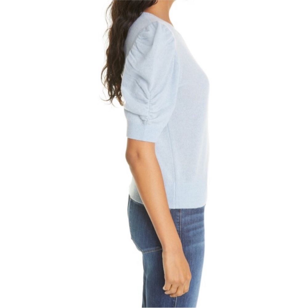 FRAME Ruched Puff Sleeve Light Blue Cashmere Sweater - Picture 4 of 7
